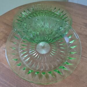 3 Jeannette Windsor Diamond Green Uranium Glass Salad Plates 7"